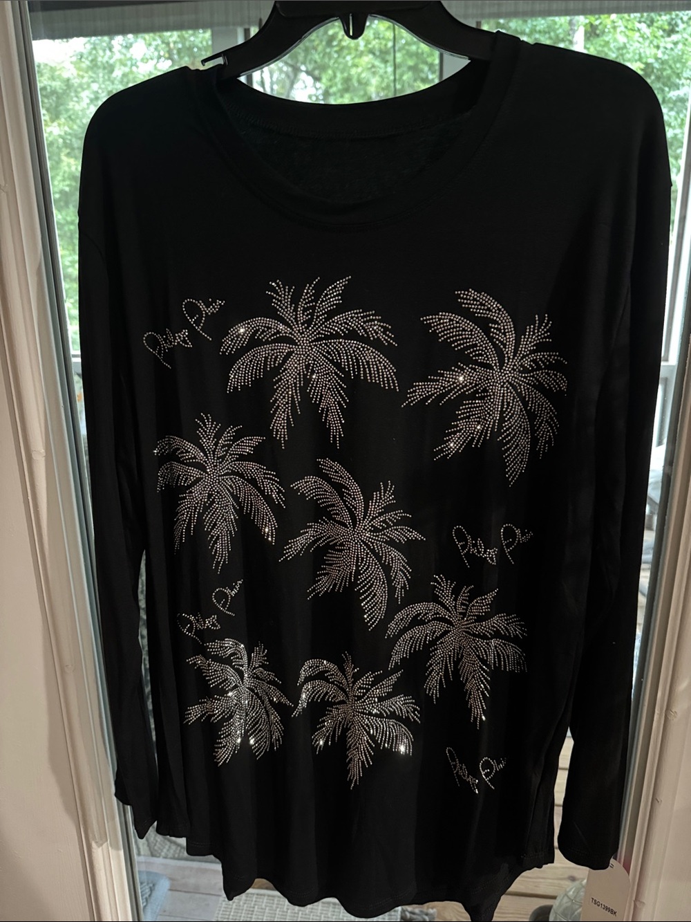 Lia Sophia Black Long-Sleeve Rhinestone Palm Tree Tee